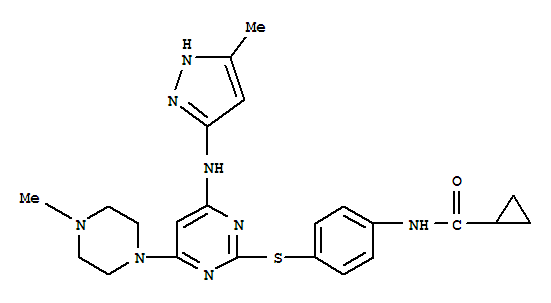 VX-680(Tozasertib,MK-0457);N-(4-(4-(5-methyl-1H-pyrazol-3-ylamino)-6-(4-methylpiperazin-1-yl)pyrimidin-2-ylthio)phenyl)cyclopropanecarboxamide