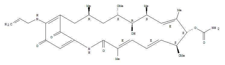 17-AAG(Tanespimycin);CP127374,NSC-330507;KOS953;17-demethoxy-17-(2-propenylamino)-[(3R,5R,6S,7R,8E,10R,11R,12Z,14E)-6-Hydroxy-5,11,21-trimethoxy-3,7,9,15-tetramethyl-16,20,22-trioxo-17-azabicyclo[16.3