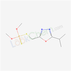 37934-18-2,O,O-dimethyl S-{[5-(propan-2-yl)-1,3,4-oxadiazol-2-yl]methyl} phosphorodithioate,Phosphorodithioic acid,O,O-dimethyl S-((5-(1-methylethyl)-1,3,4-oxadiazol-2-yl)methyl) ester;dimethoxy-[(5-propan-2-yl-1,3,4-oxadiazol-2-yl)methylsulfanyl]-sulfanylidene;dithiophosphoric acid S-(5-isopropyl-[1,3,4]oxadiazol-2-ylmethyl) ester O,O'-dimethyl ester;o,o-dimethyl s-{[5-(propan-2-yl)-1,3,4-oxadiazol-2-yl]methyl} phosphorodithioate;O,O-Dimethyl S-((5-(1-methylethyl)-1,3,4-oxadiazol-2-yl)methyl) phosphorodithioate;