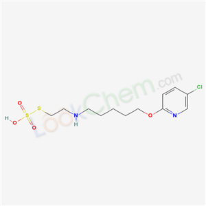 40771-31-1,Thiosulfuric acid hydrogen S-[2-[[5-[(5-chloro-2-pyridyl)oxy]pentyl]amino]ethyl] ester,Ethanethiosulfuric acid,2-(5-(5-chloro-2-pyridyloxy)pentyl)amino;Ethanethiol,2-(5-(5-chloro-2-pyridyloxy)pentyl)amino-,hydrogen sulfate (ester);s-[2-({5-[(5-chloropyridin-2-yl)oxy]pentyl}amino)ethyl] hydrogen sulfurothioate;S-2-((5-(5-Chloro-2-pyridyloxy)pentyl)amino)ethyl hydrogen thiosulfate;Thiosulfuric acid,S-(2-((5-(5-chloro-2-pyridyloxy)pentyl)amino)ethyl) ester;