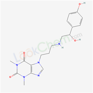 62401-81-4,7-[3-[[2-Hydroxy-2-(p-hydroxyphenyl)ethyl]amino]propyl]theophyline,D 1964;7-{3-[2-hydroxy-2-(4-hydroxy-phenyl)-ethylamino]-propyl}-1,3-dimethyl-3,7-dihydro-purine-2,6-dione;Theophylline,7-(3-((2-hydroxy-2-(p-hydroxyphenyl)ethyl)amino)propyl);7-(3-((2-Hydroxy-2-(p-hydroxyphenyl)ethyl)amino)propyl)theophylline;