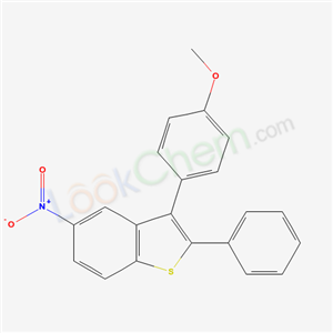 36266-70-3,3-(p-Methoxyphenyl)-5-nitro-2-phenylbenzo[b]thiophene,3-(4-methoxy-phenyl)-5-nitro-2-phenyl-benzo[b]thiophene;3-(p-Methoxyphenyl)-5-nitro-2-phenylbenzo<b>thiophen;3-(p-Methoxyphenyl)-5-nitro-2-phenylbenzo(b)thiophene;BENZO(b)THIOPHENE,3-(p-METHOXYPHENYL)-5-NITRO-2-PHENYL;