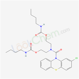 65241-06-7,Di(butylcarbamic acid)2,2'-[[(2-chloro-10H-phenothiazin-10-yl)carbonyl]imino]bisethyl ester,Butylcarbamic acid (((2-chloro-10H-phenothiazin-10-yl)carbonyl)imino)di-2,1-ethanediyl ester;Carbamic acid,butyl-,(((2-chloro-10H-phenothiazin-10-yl)carbonyl)imino)di-2,1-ethanediyl ester;butylcarbamic acid 3-(2-chloro-phenothiazine-10-carbonyl)-3-aza-pentane-1,5-diyl ester;