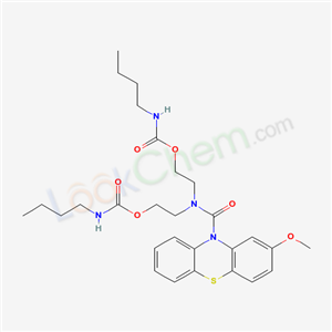 65241-11-4,Di(butylcarbamic acid)2,2'-[[(2-methoxy-10H-phenothiazin-10-yl)carbonyl]imino]bisethyl ester,{[(2-methoxy-10H-phenothiazin-10-yl)carbonyl]imino}diethane-2,1-diyl bis(butylcarbamate);Carbamic acid,butyl-,(((2-methoxy-10H-phenothiazin-10-yl)carbonyl)imino)di-2,1-ethanediyl ester;butylcarbamic acid 3-(2-methoxy-phenothiazine-10-carbonyl)-3-aza-pentane-1,5-diyl ester;