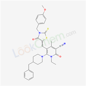 7063-62-9,6-(4-benzylpiperidin-1-yl)-1-ethyl-5-{[3-(4-methoxybenzyl)-4-oxo-2-thioxo-1,3-thiazolidin-5-ylidene]methyl}-4-methyl-2-oxo-1,2-dihydropyridine-3-carbonitrile,