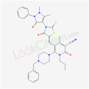 7064-27-9,6-(4-benzylpiperazin-1-yl)-5-{[3-(1,5-dimethyl-3-oxo-2-phenyl-2,3-dihydro-1H-pyrazol-4-yl)-4-oxo-2-thioxo-1,3-thiazolidin-5-ylidene]methyl}-4-methyl-2-oxo-1-propyl-1,2-dihydropyridine-3-carbonitrile,