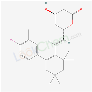 135910-20-2,dalvastatin,Dalvastatin;trans-(4R*,6S*)-6-{2-[2-(4-fluoro-3-methylphenyl)-4,4,6,6-tetramethyl-1-cyclohexenyl]ethenyl}-4-hydroxy-3,4,5,6-tetrahydro-2H-pyran-2-one;2H-Pyran-2-one,6-((1E)-2-(2-(4-fluoro-3-methylphenyl)-4,4,6,6-tetramethyl-1-cyclohexen-1-yl)ethenyl)tetrahydro-4-hydroxy-,(4R,6S);dalvastatin lactone;