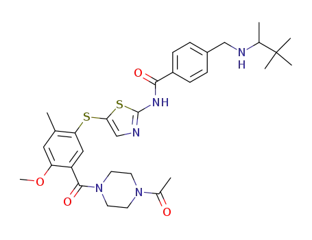 Molecular Structure of 439575-02-7 (N-(5-((5-(4-acetylpiperazine-1-carbonyl)-4-methoxy-2-methylphenyl)thio)thiazol-2-yl)-4-(((3,3-dimethylbutan-2-yl)amino)methyl)benzamide)