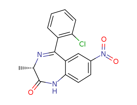 58662-84-3,Meclonazepam,Ro 113128;Ro 11-3128;(4S)-6-(2-chlorophenyl)-4-methyl-9-nitro-2,5-diazabicyclo[5.4.0]undeca-5,8,10,12-tetraen-3-one;2H-1,4-Benzodiazepin-2-one,5-(2-chlorophenyl)- 1,3-dihydro-3-methyl-7-nitro-,(3S)-;Meclonazepam [INN];(+)-(S)-5-(o-Chlorophenyl)-1,3-dihydro-3-methyl-7-nitro-2H-1,4-benzodiazepin-2-one;2H-1,4-Benzodiazepin-2-one, 5-(2-chlorophenyl)-1,3-dihydro-3-methyl-7-nitro-, (S)-;Meclonazepamum [INN-Latin];Meclonazepam, (S)-isomer;