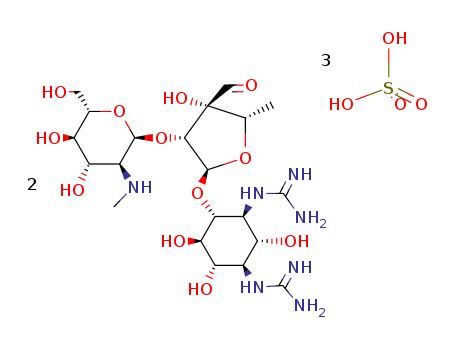 3810-74-0,Streptomycin sulfate,D-Streptamine,O-2-deoxy-2-(methylamino)-a-L-glucopyranosyl-(1?;4)-N,N'-bis(aminoiminomethyl)-, sulfate (2:3) (salt)(9CI);Streptomycin, sulfate (2:3) (salt) (8CI);Ag Streptomycin;Agri-Strep;Agrimycin 17;Agrimycin sulfate;Ambistryn S;Hortocyna;KeyStrepto;Strepto;Streptobrettin;Streptomycinsesquisulfate;Streptomycin sesquisulphate;Streptonex;Strycin;
