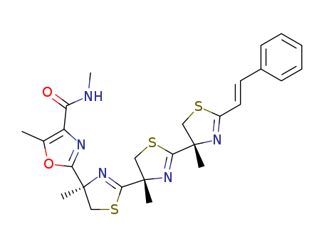 Molecular Structure of 138667-71-7 (4-Oxazolecarboxamide,2-[(4R,4'S,4''S)-4,4',4'',- 5,5',5''-hexahydro-4,4',4''-trimethyl-2''-[(1E)- 2-phenylethenyl][2,4':2',4''-terthiazol]-4-yl]- N,5-dimethyl- )