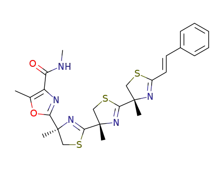 Molecular Structure of 138667-71-7 (4-Oxazolecarboxamide,2-[(4R,4'S,4''S)-4,4',4'',- 5,5',5''-hexahydro-4,4',4''-trimethyl-2''-[(1E)- 2-phenylethenyl][2,4':2',4''-terthiazol]-4-yl]- N,5-dimethyl- )