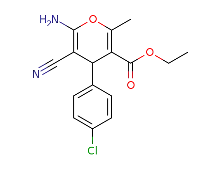 Molecular Structure of 89809-77-8 (4H-Pyran-3-carboxylic acid,
6-amino-4-(4-chlorophenyl)-5-cyano-2-methyl-, ethyl ester)