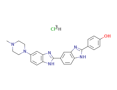 23491-45-4,Hoechst 33258,Phenol,4-[5-(4-methyl-1-piperazinyl)[2,5'-bi-1H-benzimidazol]-2'-yl]-,trihydrochloride (9CI);Phenol,p-[5-[5-(4-methyl-1-piperazinyl)-2-benzimidazolyl]-2-benzimidazolyl]-,trihydrochloride (8CI);2-[2-(4-Hydroxyphenyl)-6-benzimidazolyl]-6-(1-methyl-4-piperazyl)-benzimidazoletrihydrochloride;2-[2-(4-Hydroxyphenyl)-6-benzimidazolyl]-6-(1-methyl-4-piperazyl)benzimidazoletrichloride;Bisbenzimide (quenchant);Bisbenzimidetrihydrochloride;H 33258;Hoechst 33258;NSC 322921;Pibenzimol hydrochloride;4-[5-[5-(4-Methyl-1-piperazinyl)-2-benzimidazolyl]-2-benzimidazolyl]phenoltrihydrochloride;