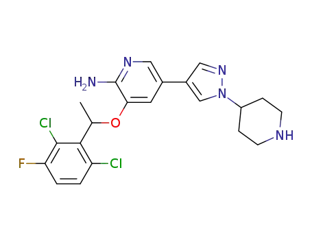 Molecular Structure of 877400-66-3 (3-(1-(2,6-dichloro-3-fluorophenyl)ethoxy)-5-(1-(piperidin-4-yl)-1H-pyrazol-4-yl)pyridin-2-amine)