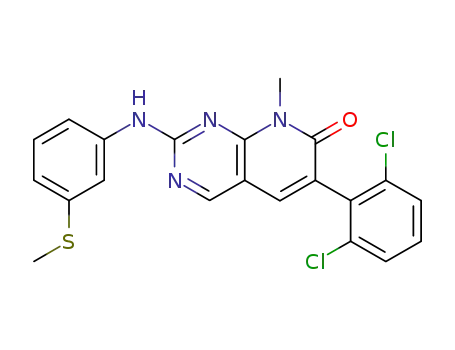 Molecular Structure of 260415-63-2 (6-(2,6-Dichlorophenyl)-8-methyl-2-[[3-(methylthio)phenyl]amino]pyrido[2,3-d]pyrimidin-7(8H)-one)