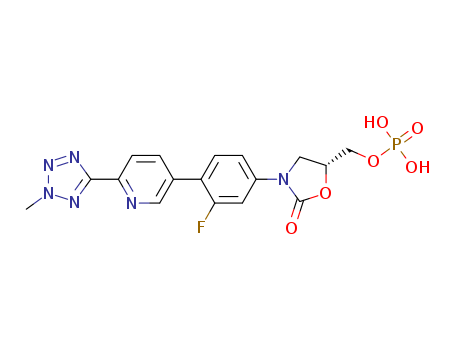 856867-55-5,Tedizolid Phosphate,TEDIZOLID PHOSPHATE;TR-701 FA;-3-(4-(2-(2-Methyltetrazol-5-yl)pyridine-5-yl)-3-fluorophenyl)-5-hydroxyMethyl oxazolidin-2-one phosphate;(5R)-3-[3-Fluoro-4-[6-(2-methyl-2H-tetrazol-5-yl)-3-pyridinyl]phenyl]-5-[(phosphonooxy)methyl]-2-oxazolidinone;(R) -3-(4-(2-(2-Methyltetrazol-5-yl)pyridine-5-yl)-3-fluorophenyl)-5-hydroxyMethyl oxazolidin-2-one phosphate;Tedizolid phosphate      (5R)-3-[3-Fluoro-4-[6-(2-methyl-2H-tetrazol-5-yl)-3-pyridinyl]phenyl]-5-[(phosphonooxy)methyl]-2-oxazolidinone;(R)-3-(4-(2-(2-methyltetrazol-5-yl)pyridin-5-yl)-3-fluorophenyl)-5-hydroxymethyloxazolidin-2-one dihydrogenphosphate;[(5R)-3-[3-fluoro-4-[6-(2-methyltetrazol-5-yl)pyridin-3-yl]phenyl]-2-oxo-1,3-oxazolidin-5-yl]methyl dihydrogen phosphate