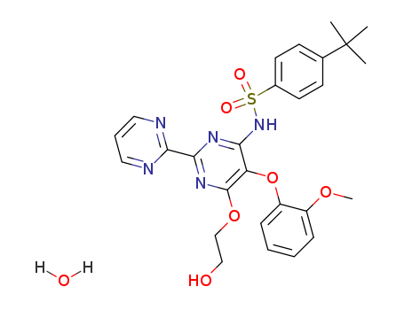157212-55-0,Bosentan hydrate,Benzenesulfonamide,4-(1,1-dimethylethyl)-N-[6-(2-hydroxyethoxy)-5-(2-methoxyphenoxy)[2,2'-bipyrimidin]-4-yl]-,monohydrate (9CI);