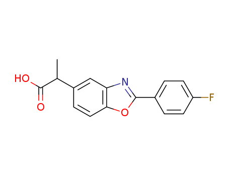 73952-77-9,LRCL 3900,(RS)-FLX;(+)2(p.fluorophenyl)-α-methyl-5-benzoxazol acetic acid;2-[2-(4-fluoro-phenyl)-benzooxazol-5-yl]-propionic acid;flunoxaprofen;(RS)-flunoxaprofen;(RS)-2-[2-(4-fluorophenyl)-1,3-benzoxazol-5-yl]propanoic acid;(R)-2-[2-(4-Fluoro-phenyl)-benzooxazol-5-yl]-propionic acid;