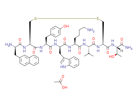 127984-74-1,10-(4-aminobutyl)-19-[(2-amino-3-naphthalen-2-yl-propanoyl)amino]-N-(1 -carbamoyl-2-hydroxy-propyl)-16-[(4-hydroxyphenyl)methyl]-13-(1H-indol -3-ylmethyl)-6,9,12,15,18-pentaoxo-7-propan-2-yl-1,2-dithia-5,8,11,14, 17-pentazacycloicosane-4-carboxamide,L-Threoninamide,3-(2-naphthalenyl)-D-alanyl-L-cysteinyl-L-tyrosyl-D-tryptophyl-L-lysyl-L-valyl-L-cysteinyl-,cyclic (2-7)-disulfide,acetate (salt);BIM 23014C;3-(2-Naphthyl)-D-alanyl-L-cysteinyl-L-tyrosyl-D-tryptophyl-L-lysyl-L-valyl-L-cysteinyl-L-threoninamide,cyclic (2-7)-disulfide,acetate (salt);BIM-23014C;Somatuline depot;Somatuline Autogel;3-(2-Naphthyl)-D-alanyl-L-cysteinyl-L-tyrosyl-D-tryptophyl-L-lysyl-L-valyl-L-cysteinyl-L-threoninamide,cyclic (2->7)-disulfide,acetate (salt);Somatuline Depot Injection;Lanreotide acetate;