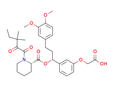 Molecular Structure of 178446-02-1 (2-Piperidinecarboxylic acid, 1-(3,3-dimethyl-1,2-dioxopentyl)-,
(1R)-1-[3-(carboxymethoxy)phenyl]-3-(3,4-dimethoxyphenyl)propyl
ester, (2S)-)