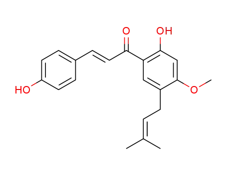 Molecular Structure of 20784-60-5 (1-[2-Hydroxy-4-methoxy-5-(3-methyl-2-butenyl)phenyl]-3-(4-hydroxyphenyl)-2-propen-1-one)