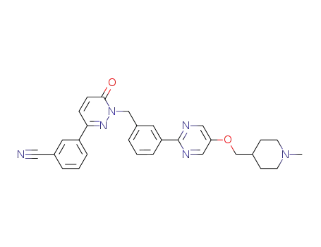Molecular Structure of 1100598-32-0 (Benzonitrile, 3-[1,6-Dihydro-1-[[3-[5-[(1-Methyl-4-Piperidinyl)Methoxy]-2-PyriMidinyl]Phenyl]Methyl]-6-Oxo-3-Pyridazinyl])