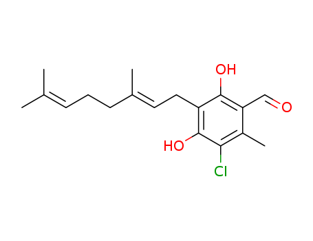 83324-48-5,Colletochlorin B,Benzaldehyde,3-chloro-5-(3,7-dimethyl-2,6-octadienyl)-4,6-dihydroxy-2-methyl-, (E)-;Benzaldehyde,3-chloro-5-[(2E)-3,7-dimethyl-2,6-octadienyl]-4,6-dihydroxy-2-methyl- (9CI);Colletochlorin B