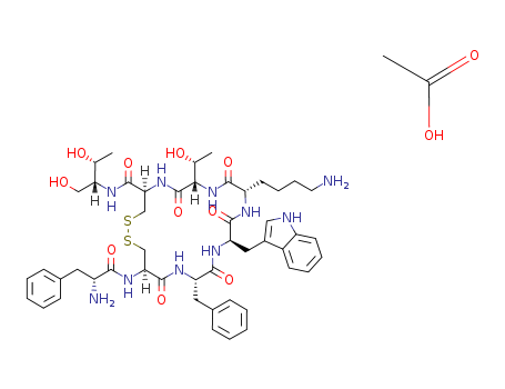 79517-01-4,Octreotide,L-Cysteinamide,D-phenylalanyl-L-cysteinyl-Lphenylalanyl- D-tryptophyl-L-lysyl-Lthreonyl- N-[(1R,2R)-2-hydroxy-1-(hydroxymethyl) propyl]-,cyclic (2f7)-disulfide,acetate (salt);Sandostatin (TN);Octreotide acetate (JAN);Sandostatin LAR;acetic acid; 10-(4-aminobutyl)-19-[(2-amino-3-phenyl-propanoyl)amino]-16-benzyl-N-(1,3-dihydroxybutan-2-yl)-7-(1-hydroxyethyl)-13-(1H-indol-3-ylmethyl)-6,9,12,15,18-pentaoxo-1,2-dithia-5,8,11,14,17-pentazacycloicosane-4-carboxamide;Sandostatin;SMS 201-995;