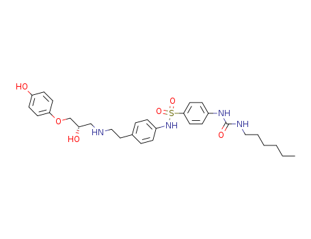 159182-43-1,4-[[(HEXYLAMINO)CARBONYL]AMINO]-N-[4-[2-[[(2S)-2-HYDROXY-3-(4-HYDROXYPHENOXY)PROPYL]AMINO]ETHYL]PHENYL]-BENZENESULFONAMIDE,Benzenesulfonamide,4-[[(hexylamino)carbonyl]amino]-N-[4-[2-[[2-hydroxy-3-(4-hydroxyphenoxy)propyl]amino]ethyl]phenyl]-,(S)-; L 755507