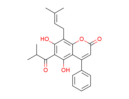 2H-1-Benzopyran-2-one,5,7-dihydroxy-8-(3-methyl-2-buten-1-yl)-6-(2-methyl-1-oxopropyl)-4-phenyl- cas  16981-20-7