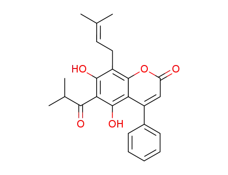 Molecular Structure of 16981-20-7 (5,7-Dihydroxy-8-(3-methyl-2-butenyl)-6-(2-methylpropanoyl)-4-phenyl-2H-1-benzopyran-2-one)