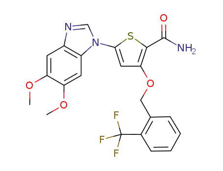 Molecular Structure of 660868-91-7 (GW843682,  5-(5,6-Dimethoxy-1H-benzimidazol-1-yl)-3-{[2-(trifluoromethyl)-benzyl]oxy}thiophene-2-carboxamide)
