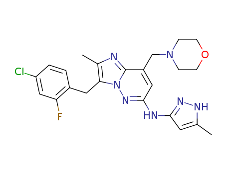 1229236-86-5,LY 2784544,LY 2784544;3-[(4-Chloro-2-fluorophenyl)methyl]-2-methyl-N-(5-methyl-1H-pyrazol-3-yl)-8-(4-morpholinylmethyl)imidazo[1,2-b]pyridazin-6-amine;3-(4-chloro-2-fluorobenzyl)-2-Methyl-N-(3-Methyl-1H-pyrazol-5-yl)-8-(MorpholinoMethyl)iMidazo[1,2-b]pyridazin-6-aMine