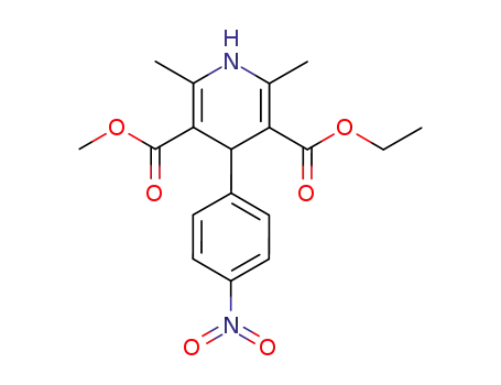 Molecular Structure of 39562-29-3 (3,5-Pyridinedicarboxylic acid,
1,4-dihydro-2,6-dimethyl-4-(4-nitrophenyl)-, ethyl methyl ester)