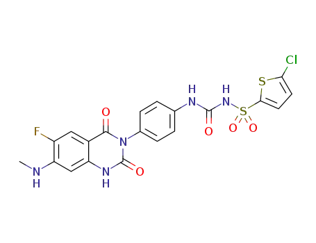Molecular Structure of 936500-94-6 (5-Chloro-N-[[[4-[6-fluoro-1,4-dihydro-7-(methylamino)-2,4-dioxo-3(2H)-quinazolinyl]phenyl]amino]carbonyl]-2-thiophenesulfonamide)