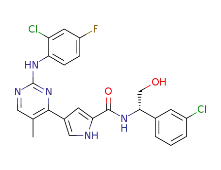 Molecular Structure of 896720-20-0 (1H-Pyrrole-2-carboxamide, 4-[2-[(2-chloro-4-fluorophenyl)amino]-5-methyl-4-pyrimidinyl]-N-[(1S)-1-(3-chlorophenyl)-2-hydroxyethyl]-)