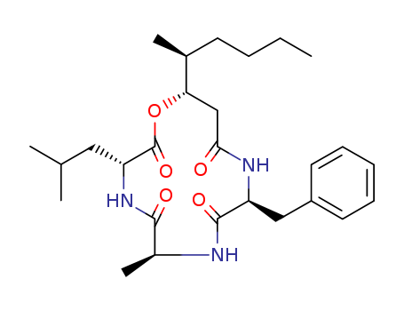 154491-55-1,Cyclo[L-alanyl-D-leucyl-(3S,4S)-3-hydroxy-4-methyloctanoyl-L-phenylalanyl],D-Leucine,N-[N-[N-(3-hydroxy-4-methyl-1-oxooctyl)-L-phenylalanyl]-L-alanyl]-, l-lactone, [S-(R*,R*)]-;1-Oxa-4,7,10-triazacyclotridecane, cyclic peptide deriv.; Beauveriolide I