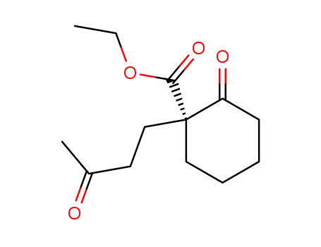 Molecular Structure of 69881-57-8 (Cyclohexanecarboxylic acid, 2-oxo-1-(3-oxobutyl)-, ethyl ester, (R)-)
