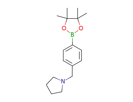 Molecular Structure of 884507-39-5 (4-(PYRROLIDIN-1-YLMETHYL)BENZENEBORONIC ACID, PINACOL ESTER 97%1-[4-(4,4,5,5-TETRAMETHYL-1,3,2-DIOXABOROLAN-2-YL)BENZYL]PYRROLIDINE)