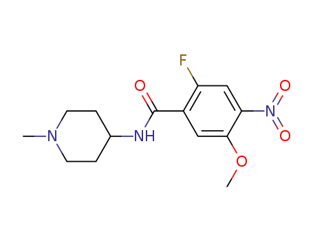 Molecular Structure of 1001345-79-4 (2-fluoro-5-methoxy-N-(1-methylpiperidin-4-yl)-4-nitrobenzamide)