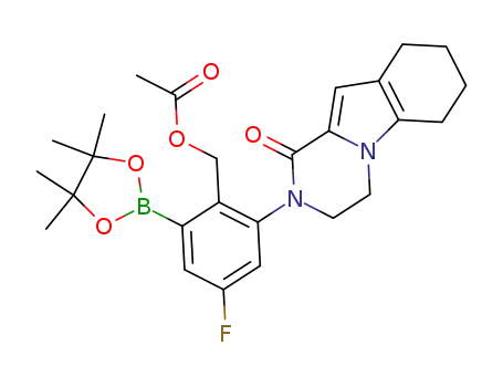 Molecular Structure of 1346673-38-8 (4-Fluoro-2-(1-oxo-3,4,6,7,8,9-hexahydro-pyrazino[1,2-a]indol-2(1H)-yl)-6-(4,4,5,5-tetramethyl-1,3,2-dioxaborolan-2-yl)benzyl acetate)