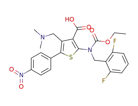 Molecular Structure of 1589503-95-6 (2-((2,6-difluorobenzyl)(ethoxycarbonyl)amino)-4-((dimethylamino)methyl)-5-(4-nitrophenyl)thiophene-3-carboxylic acid)