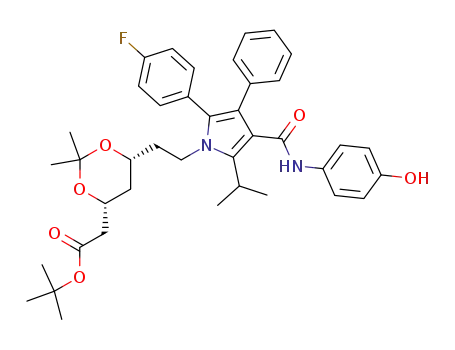 Molecular Structure of 265989-36-4 (tert-butyl 2-((4R,6R)-6-(2-(2-(4-
fluorophenyl)-4-(4-
hydroxyphenylcarbamoyl)-5-isopropyl-3-
phenyl-1H-pyrrol-1-yl)ethyl)-2,2-
dimethyl-1,3-dioxan-4-yl)acetate)