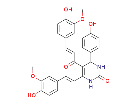 Molecular Structure of 1373886-14-6 (5-(4-hydroxy-3-methoxyphenylethylenecarbonyl)-6-(4-hydroxy-3-methoxyphenylethylene)-4-(4-hydroxyphenyl)-3,4-dihydropyrimidin-2(1H)-one)