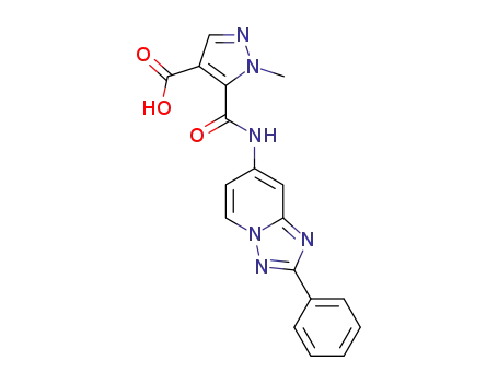 Molecular Structure of 1380329-77-0 (1-methyl-5-(2-phenyl[1,2,4]triazolo[1,5-a]pyridin-7-ylcarbamoyl)-1H-pyrazole-4-carboxylic acid)