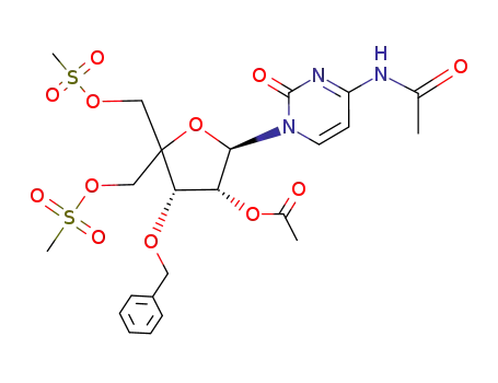 Molecular Structure of 293751-17-4 ((2R,3R,4S)-2-(4-acetamido-2-oxopyrimidin-1(2H)-yl)-4-(benzyloxy)-5,5-bis(((methylsulfonyl)oxy)methyl)tetrahydrofuran-3-yl acetate)