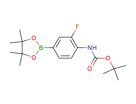 Molecular Structure of 262444-42-8 (tert-butyl-2-fluoro-4-(4,4,5,5-tetramethyl-1,3,2-ioxaborolan-2-yl)phenylcarbamate)