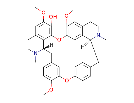 436-77-1,(+)-FANGCHINOLINE,Berbaman-7-ol,6,6',12-trimethoxy-2,2'-dimethyl-, (1b)-;Fangchinoline (6CI,7CI,8CI);(+)-Fangchinoline;(+)-Limacine;16H-1,24:6,9-Dietheno-11,15-metheno-2H-pyrido[2',3':17,18][1,11]dioxacycloeicosino[2,3,4-ij]isoquinolin-22-ol,3,4,4a,5,16a,17,18,19-octahydro-12,21,26-trimethoxy-4,17-dimethyl-,[4aS-(4aR*,16aR*)]-;7-O-Demethyltetrandrine;Frangchinoline;NSC 77036;Fangchinoline;(1-beta)-2,2'-Dimethyl-6,6',12-trimethoxyberbaman-7-ol;