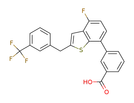 Molecular Structure of 1207971-26-3 (3-{4-fluoro-2-[3-(trifluoromethyl)benzyl]-1-benzothien-7-yl}benzoic acid)